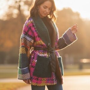 Dreams in wool jacket - Colorful Patchwork Belted Cardigan NWOT